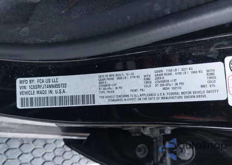 2022 Ram 1500 Laramie 4X4 5'7 Box из США, поврежденный, VIN 1C6SRFJT4NN455722